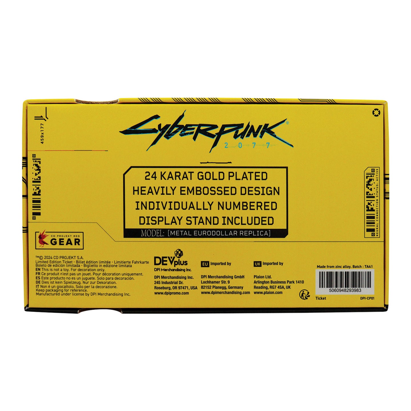 Cyberpunk 2077 24k Gold Plated Metal Eurodollar Replica Packaging 