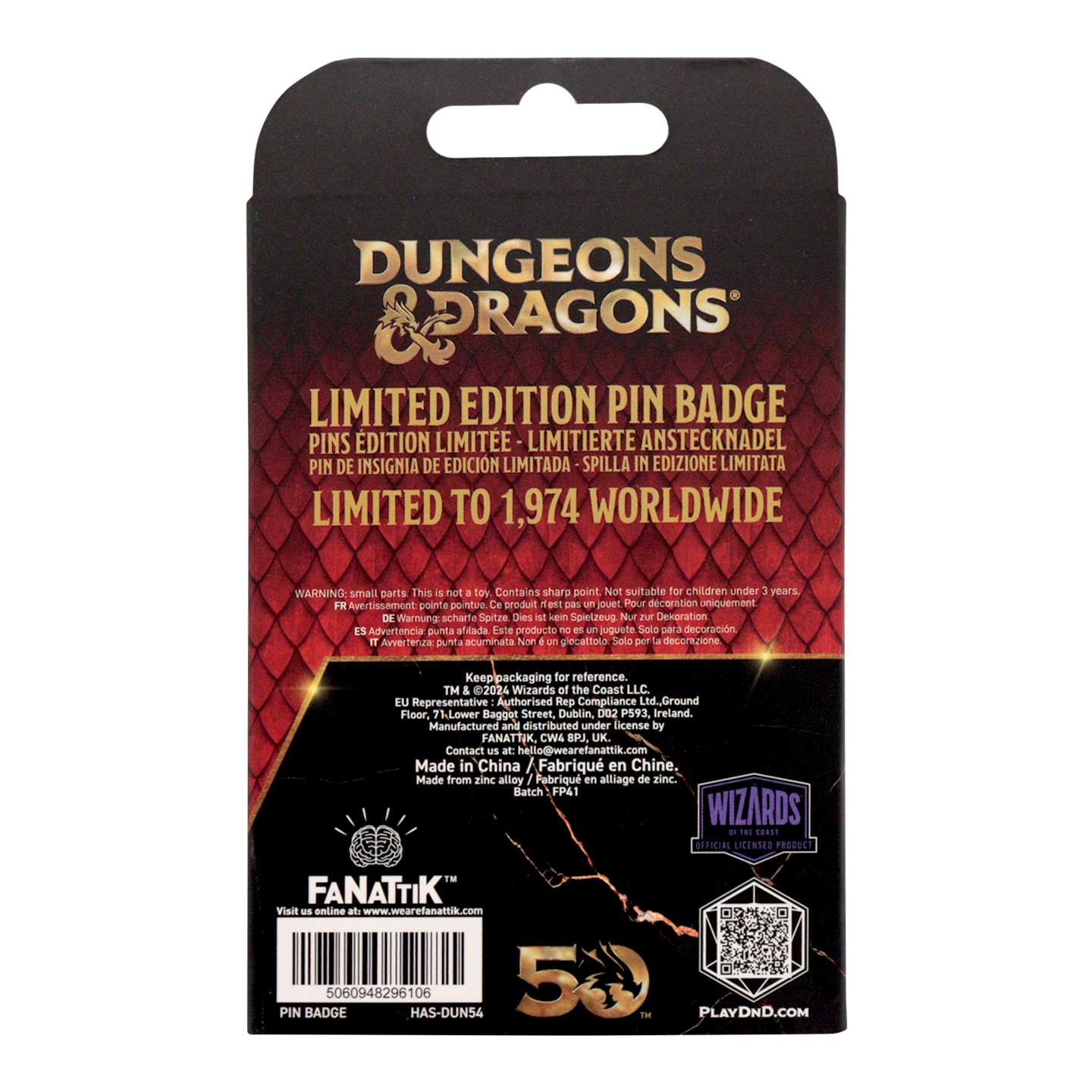 Dungeons & Dragons 50th Anniversary Antique Gold Spinner Pin Badge Packaging Reverse 