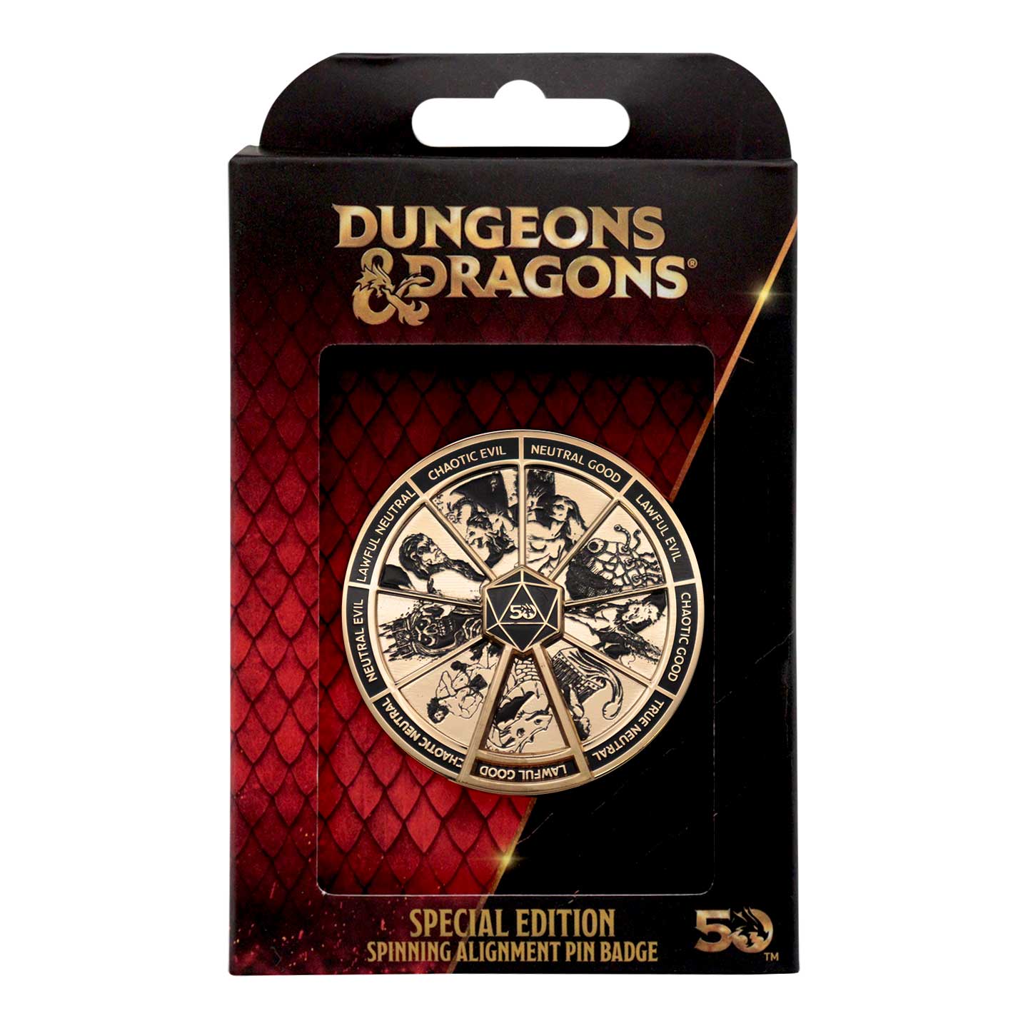 Dungeons & Dragons 50th Anniversary Antique Gold Spinner Pin Badge Packaging Face