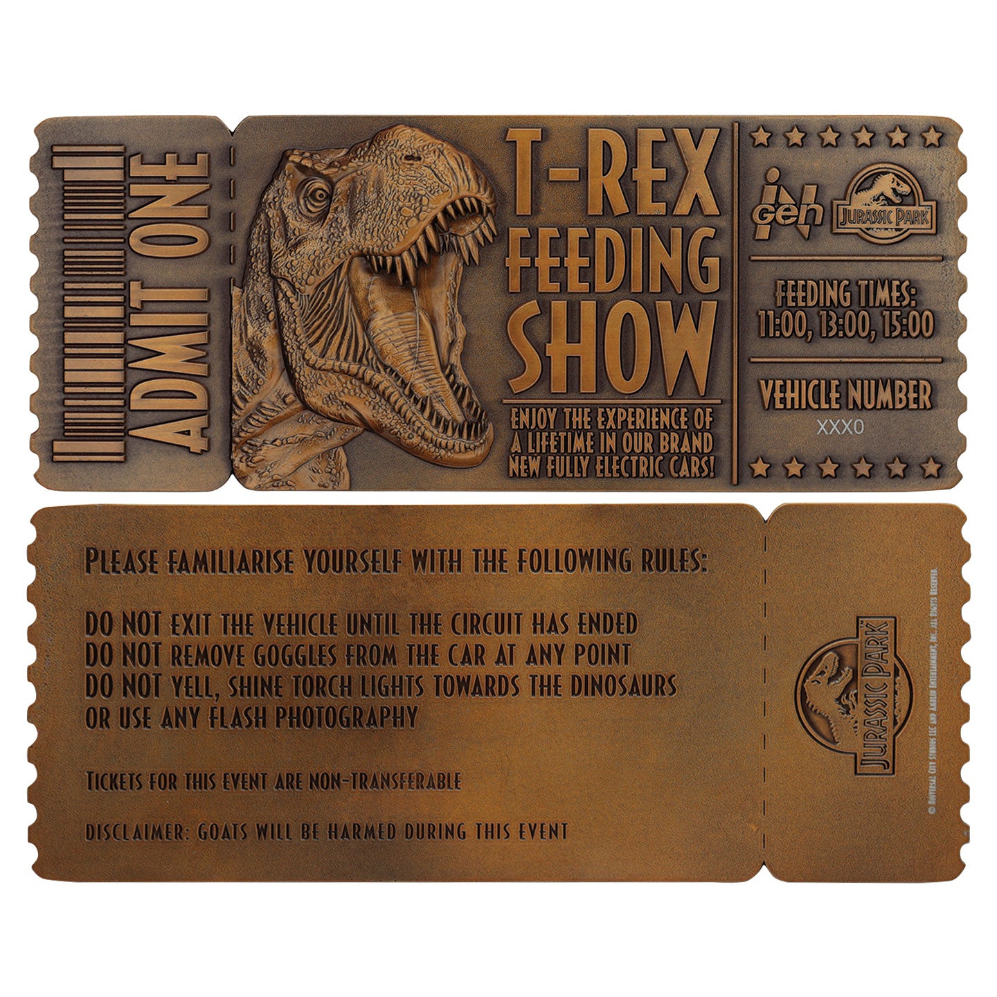 Jurassic Park Feeding Show Ticket Front and back 