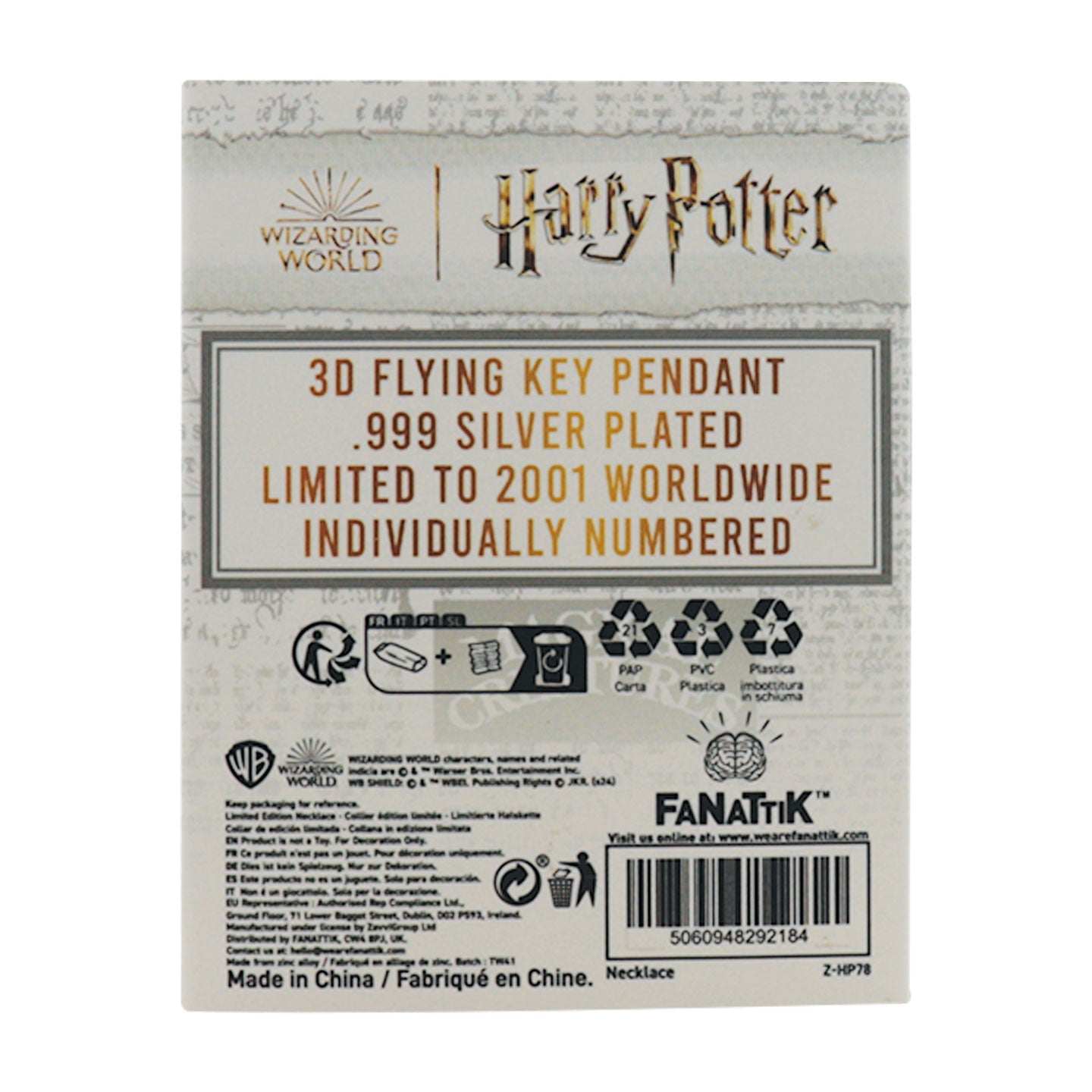 Harry Potter .999 Silver Plated Flying Key Necklace