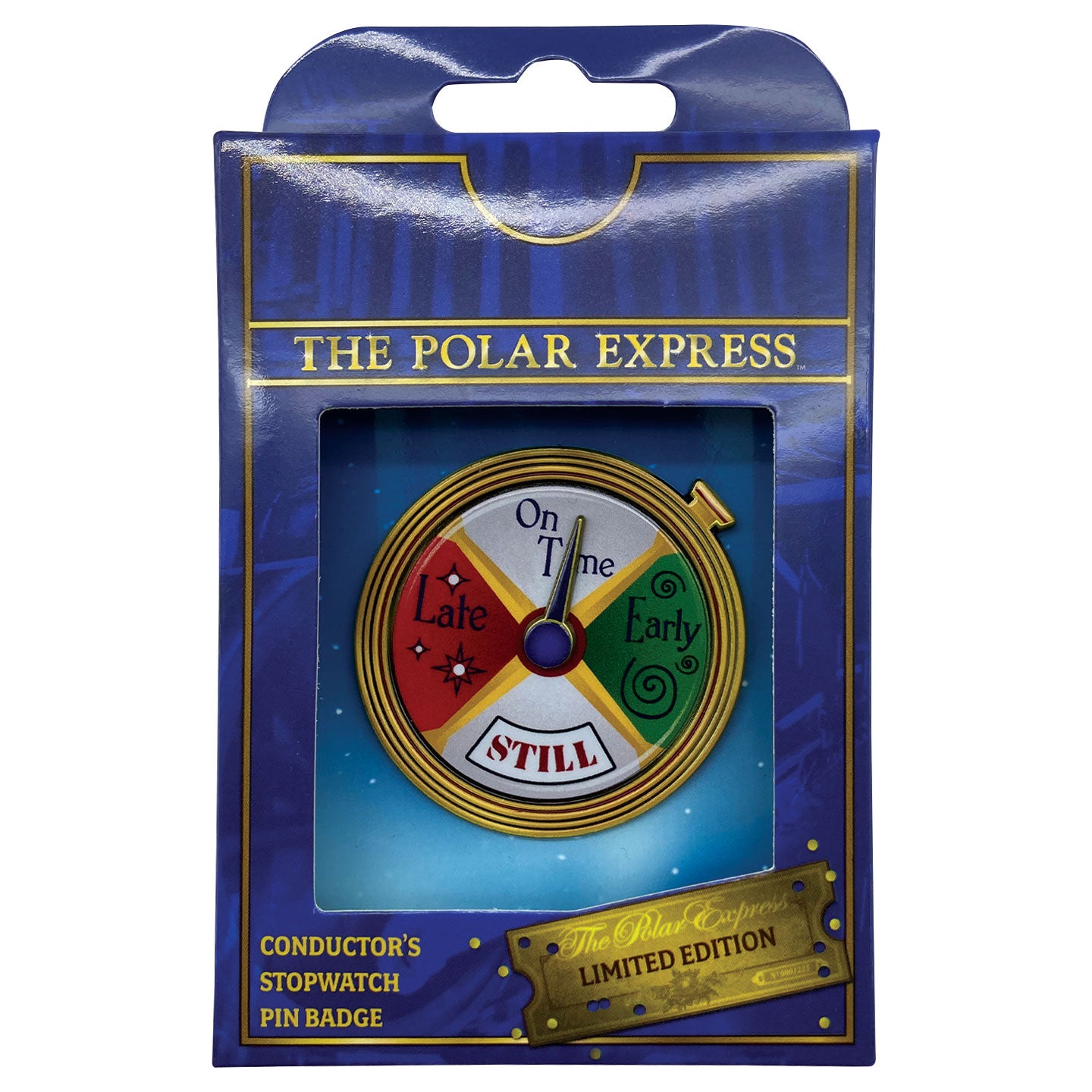 The Polar Express Conductor's Stopwatch Spinning Pin Badge Packaging Front 